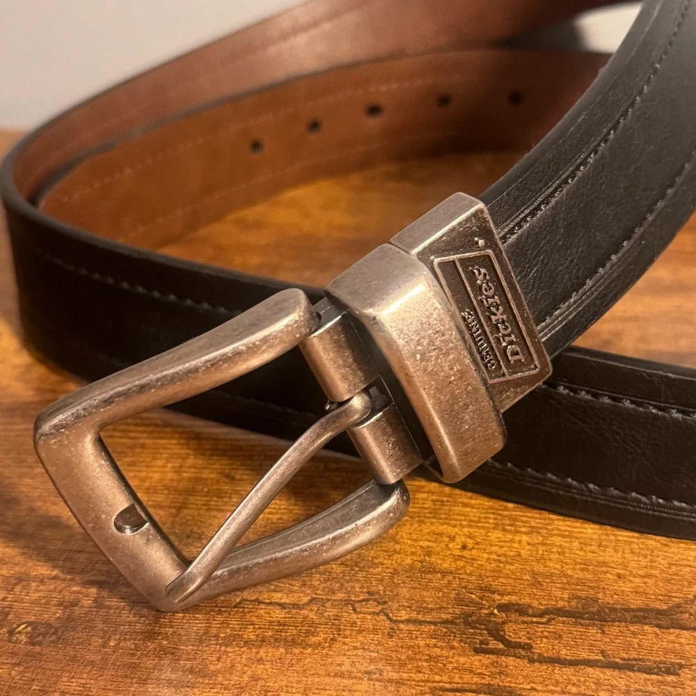 Dickies Genuine Leather Reversible Belt Black Brown Logo‎ Buckle Size L 40-42